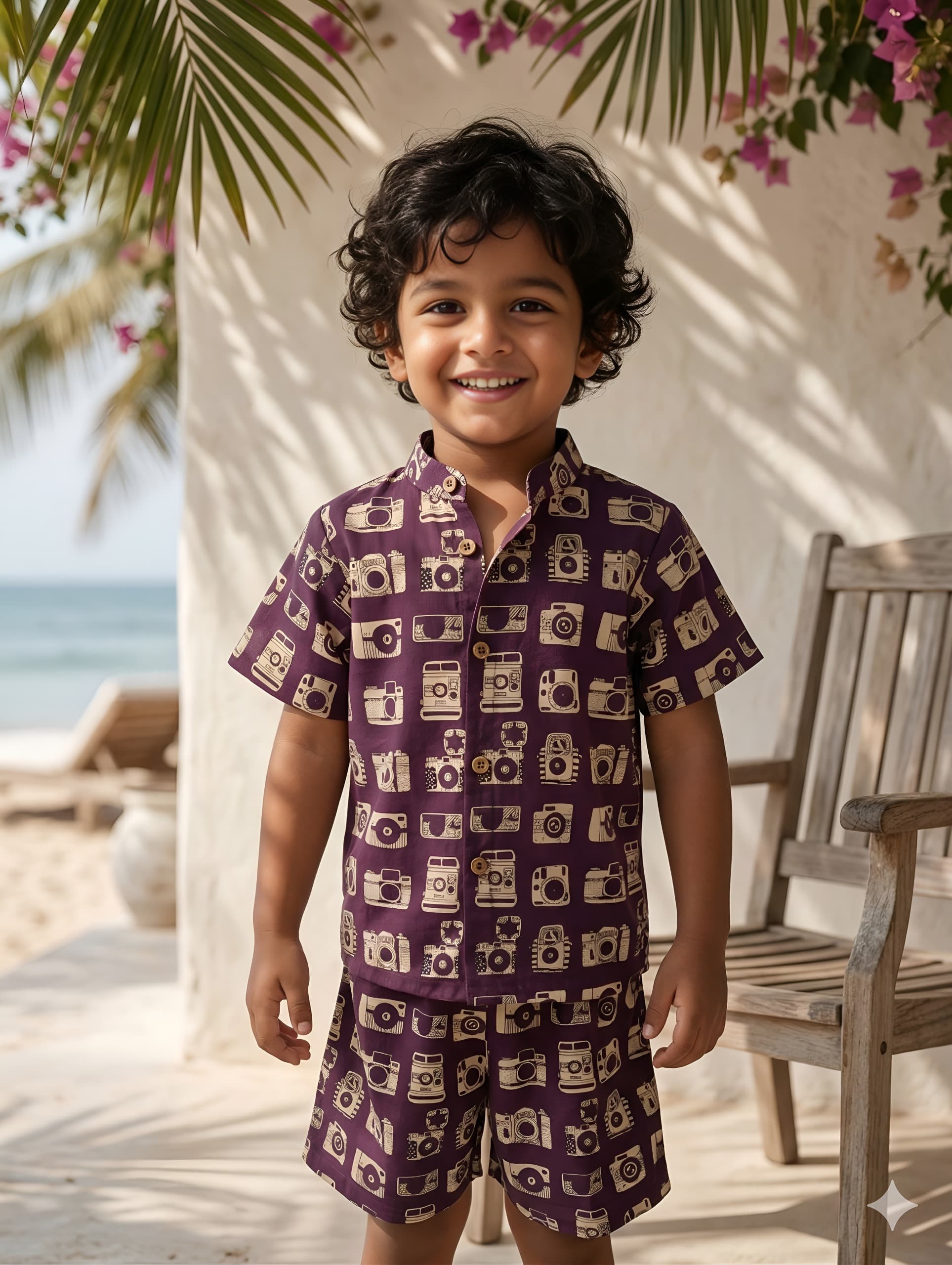 Boys Premium Cotton Camera Print Co-ord Set β Purple Chinese collar