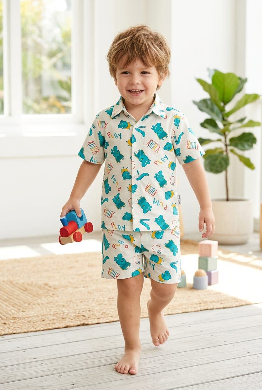 Boys Premium Cotton Play Print Co-ord Set β White