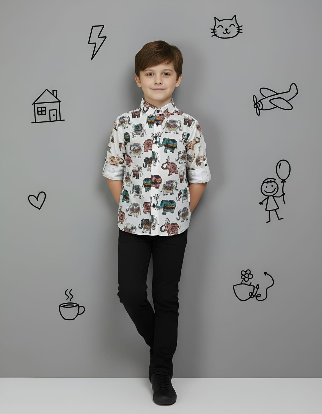 Boys Premium Cotton Animal Print Shirt β White