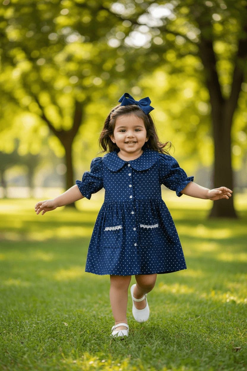 Navy Blue Polka Dot Dress β Premium Cotton Girls Dress