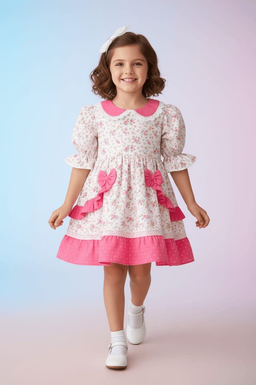 Pink Floral Party Dress with frillsβ Premium Cotton Girls Dress