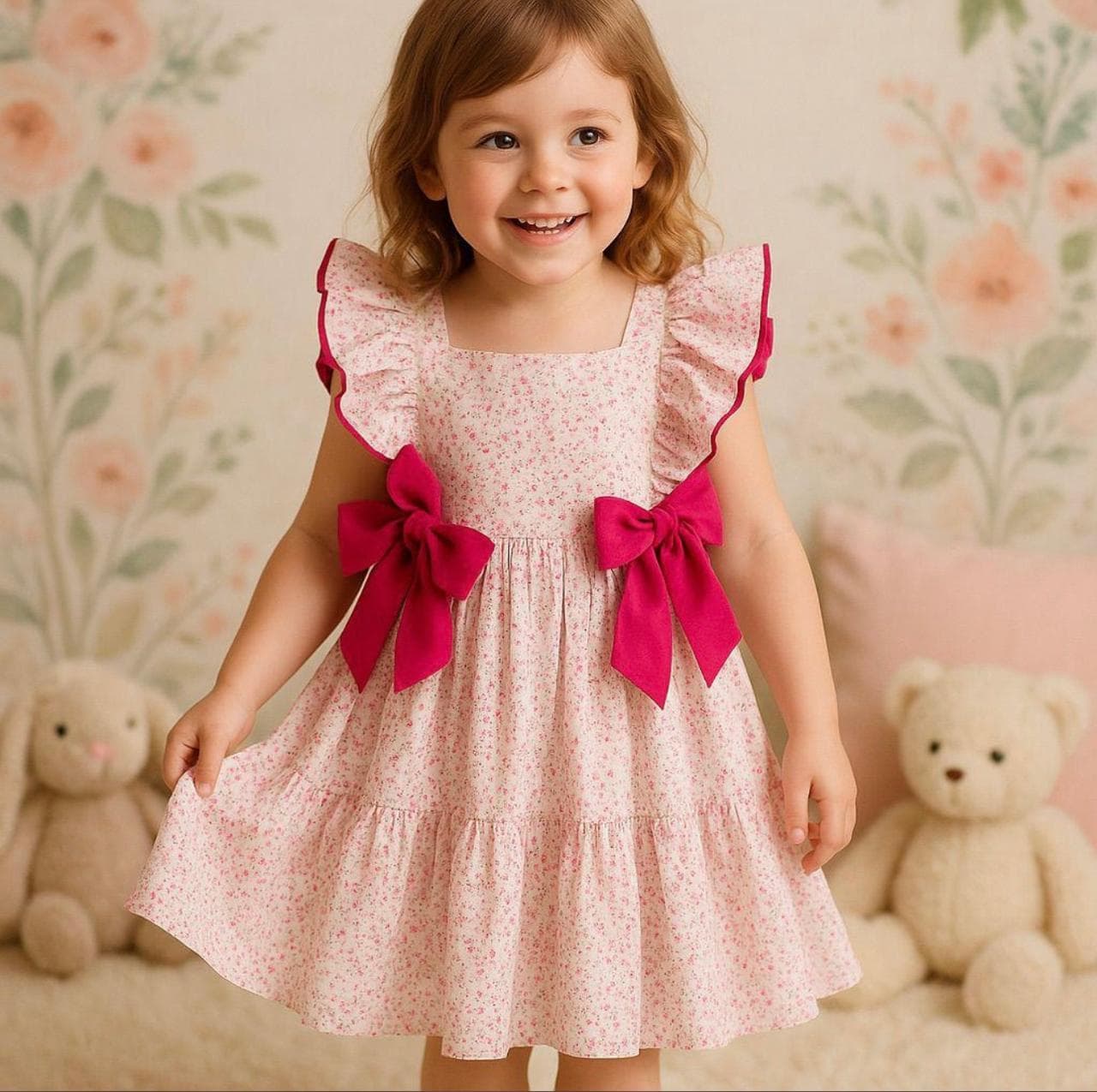 Pink Floral Bow Dress β Premium Cotton Girls Dress
