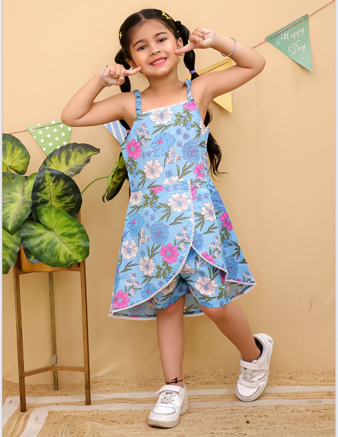 Sky Blue Floral Asymmetric Top & Shorts Set