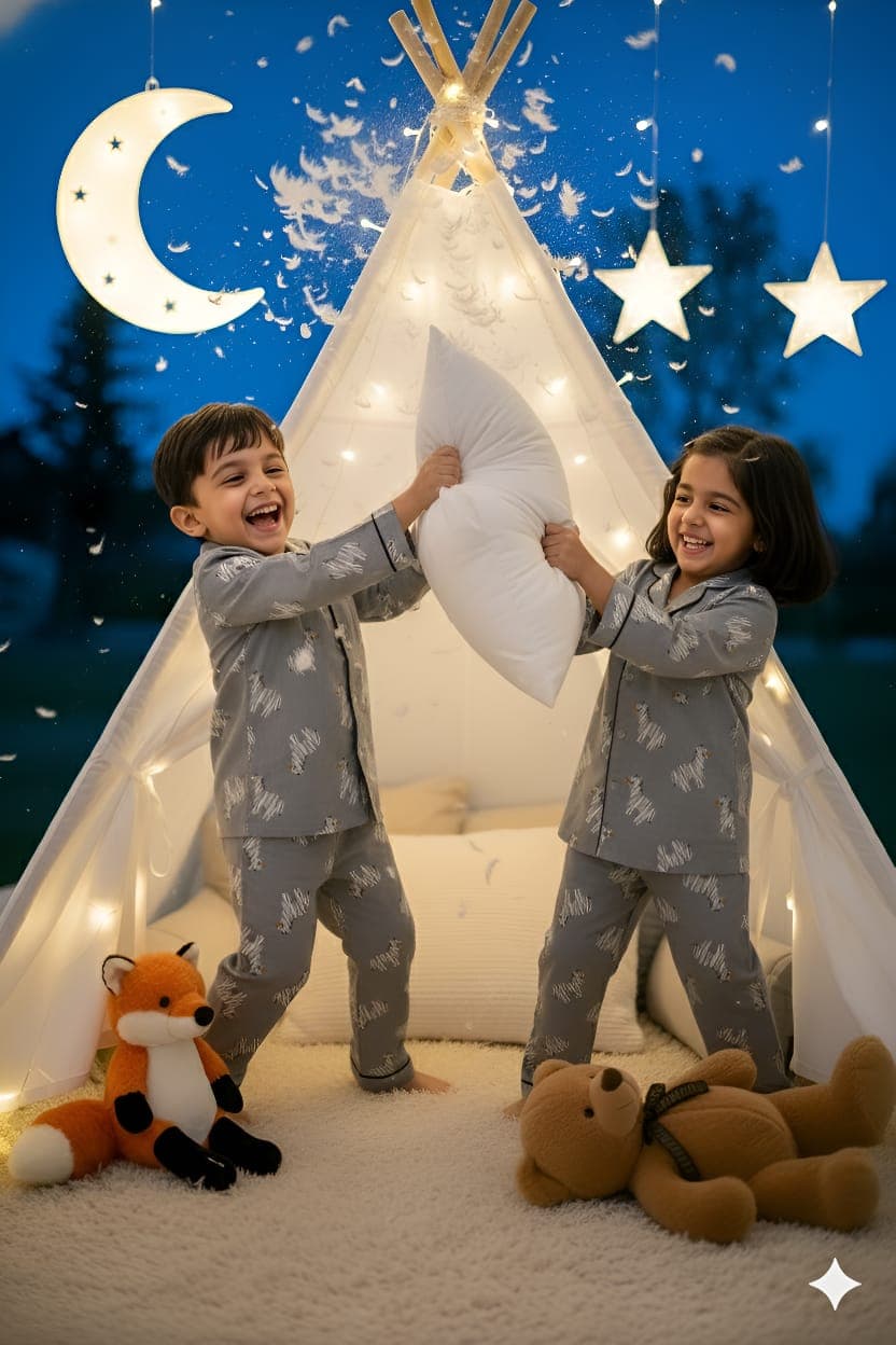 Premium Cotton Kids Night Suit β Grey Animal Print