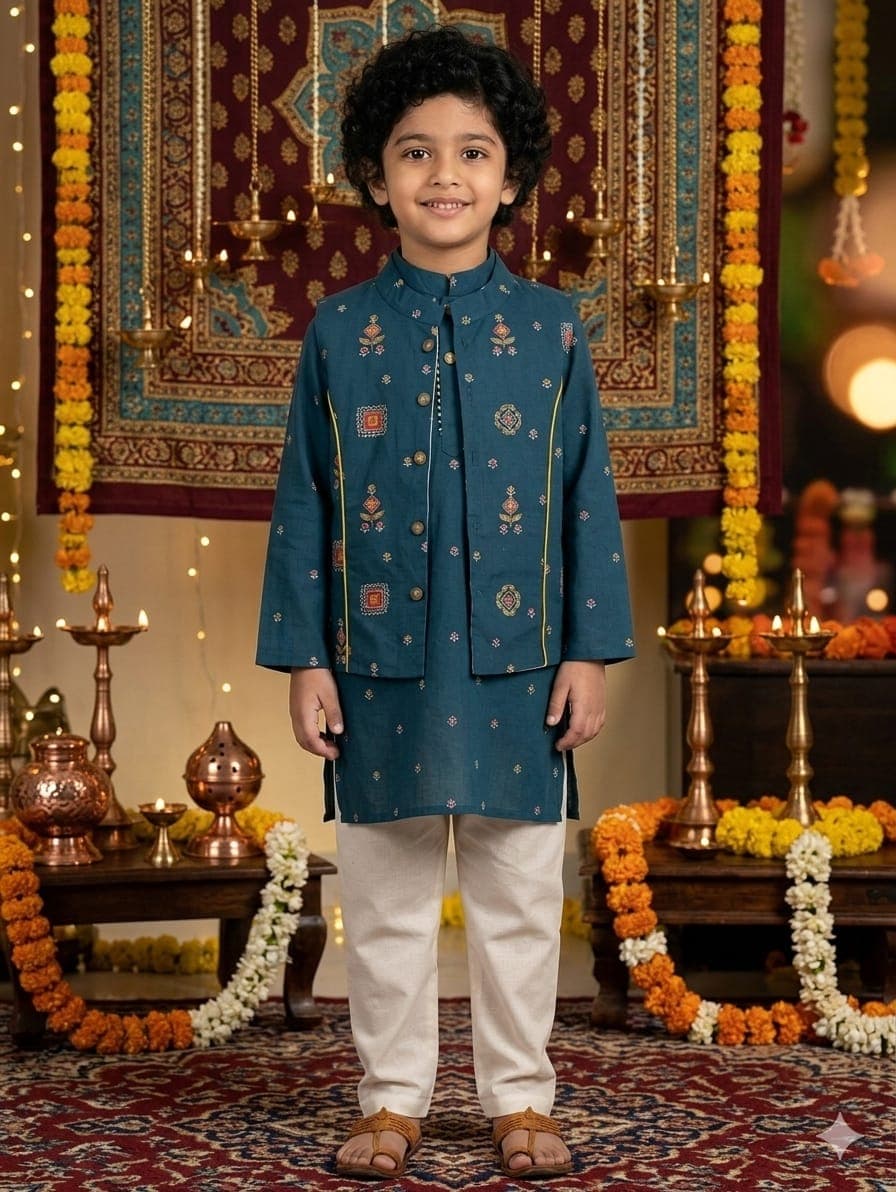 Boys Teal blue kurta with fit pajama in off-white