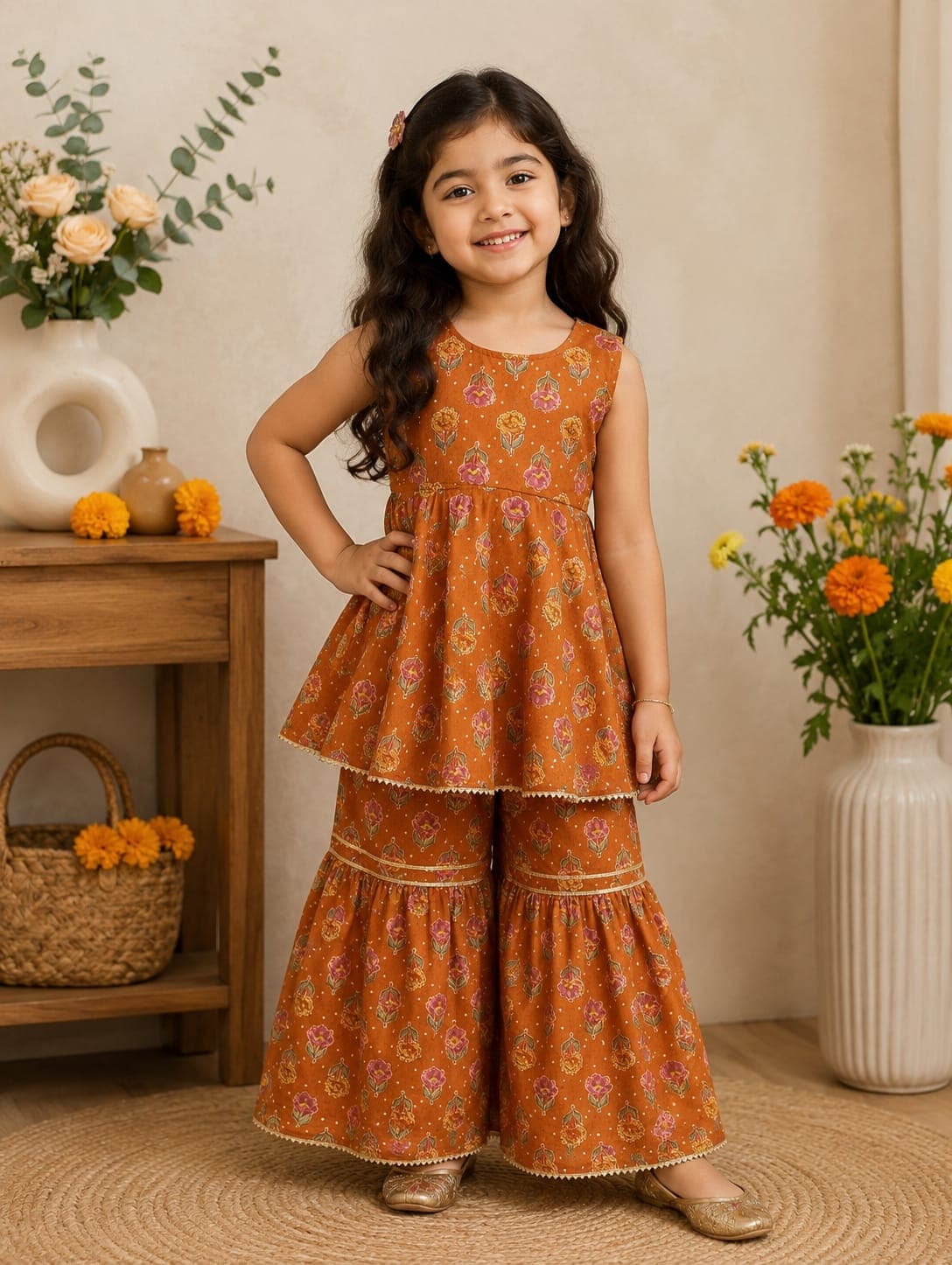 Rust Floral Peplum Top & Sharara Set