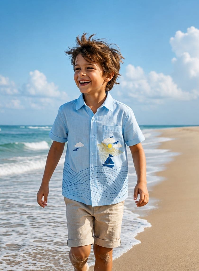 Boys Premium Cotton Sailboat Print Shirt β Sky Blue