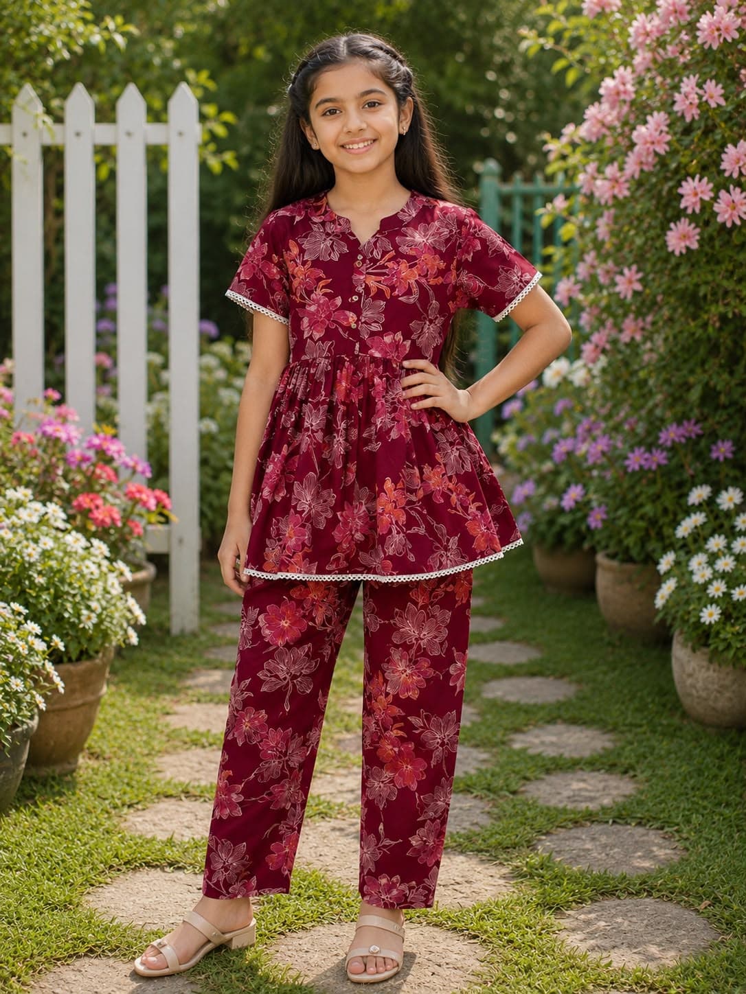 Maroon Floral Peplum Top & Straight Pant Set