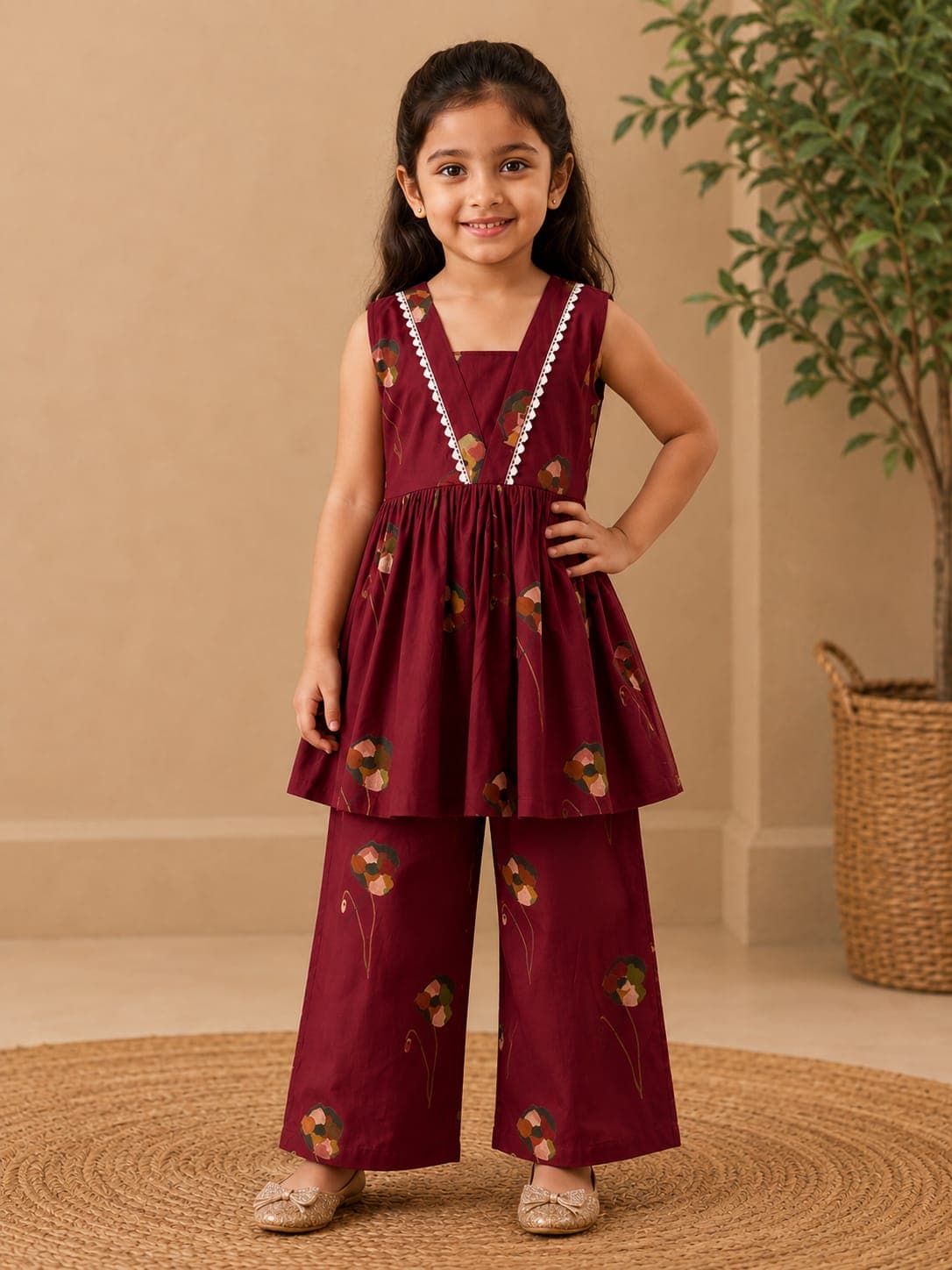 Maroon Floral Peplum Top & Palazzo Set