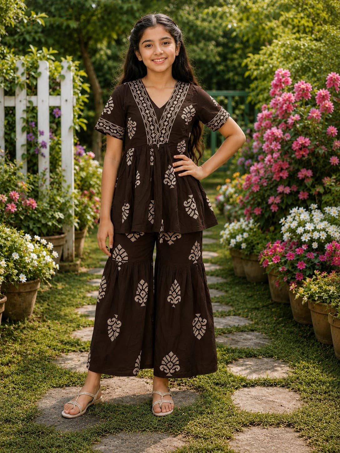 Dark Brown Embroidered Kurta & Palazzo Set