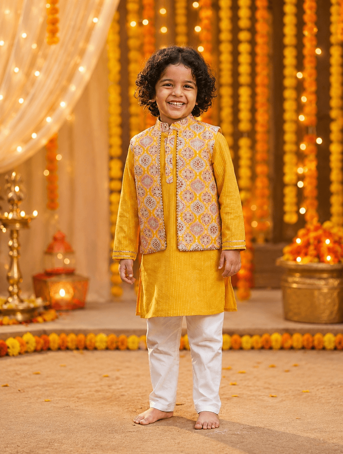 Boys Jacket Kurta with Pants- Yellow