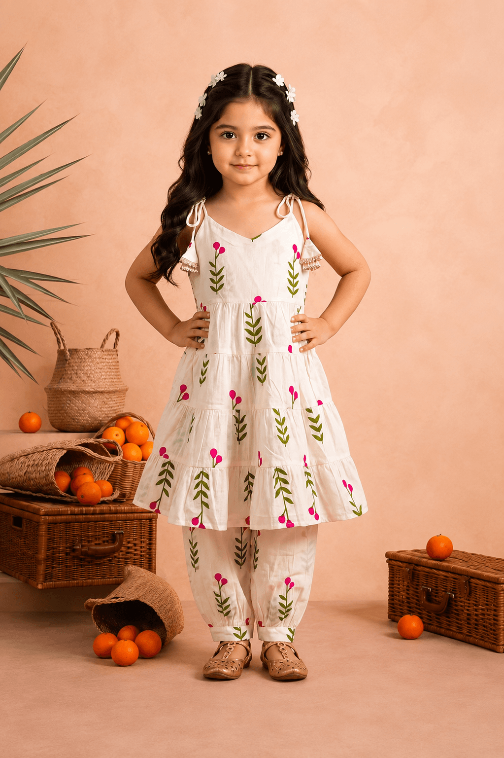 White Floral Dress & Pant Set
