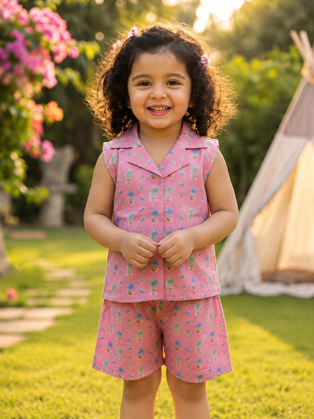 Girls Premium Cotton Co-ord Set – Pink Floral Print